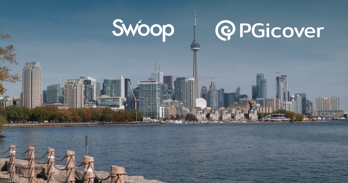 Swoop and PGicover logos over the Toronto skyline